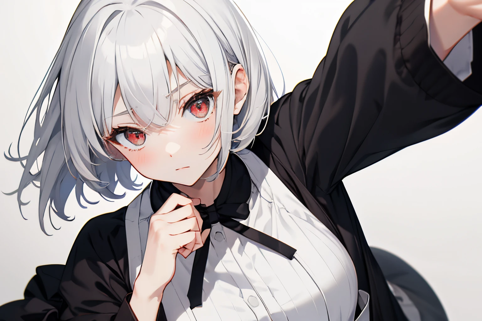 【Highest Quality, masutepiece】 [1 girl in, Manteau, expressioness, red eyes, front facing, White hair, Slender beauty,straight haired, Bery short hair ,Cafe apron] (Gray white background:1.5), no smile,