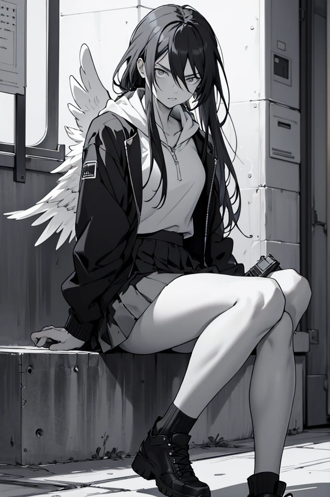 A black and white photo of an anime angel sitting with a cold stare wearing a skirt and with pistols strapped to her legs