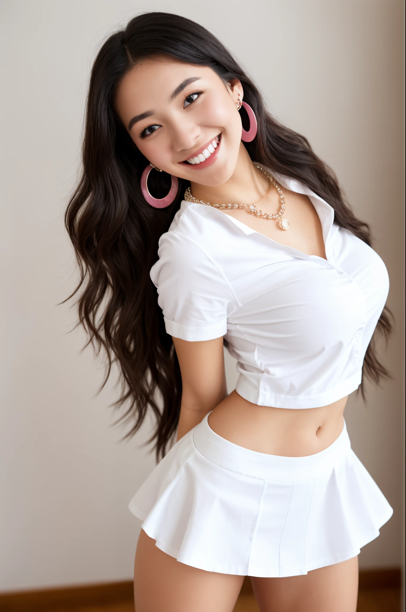 A beautiful woman, bent over, cocked ass, sexy pose, 22 years old, full body like, (slim figure), (long legs), smaller bust, smile, detailed eyes, double eyelids, pink earrings and necklace, long hair, white shirt top, pink hip skirt, OL, white collar