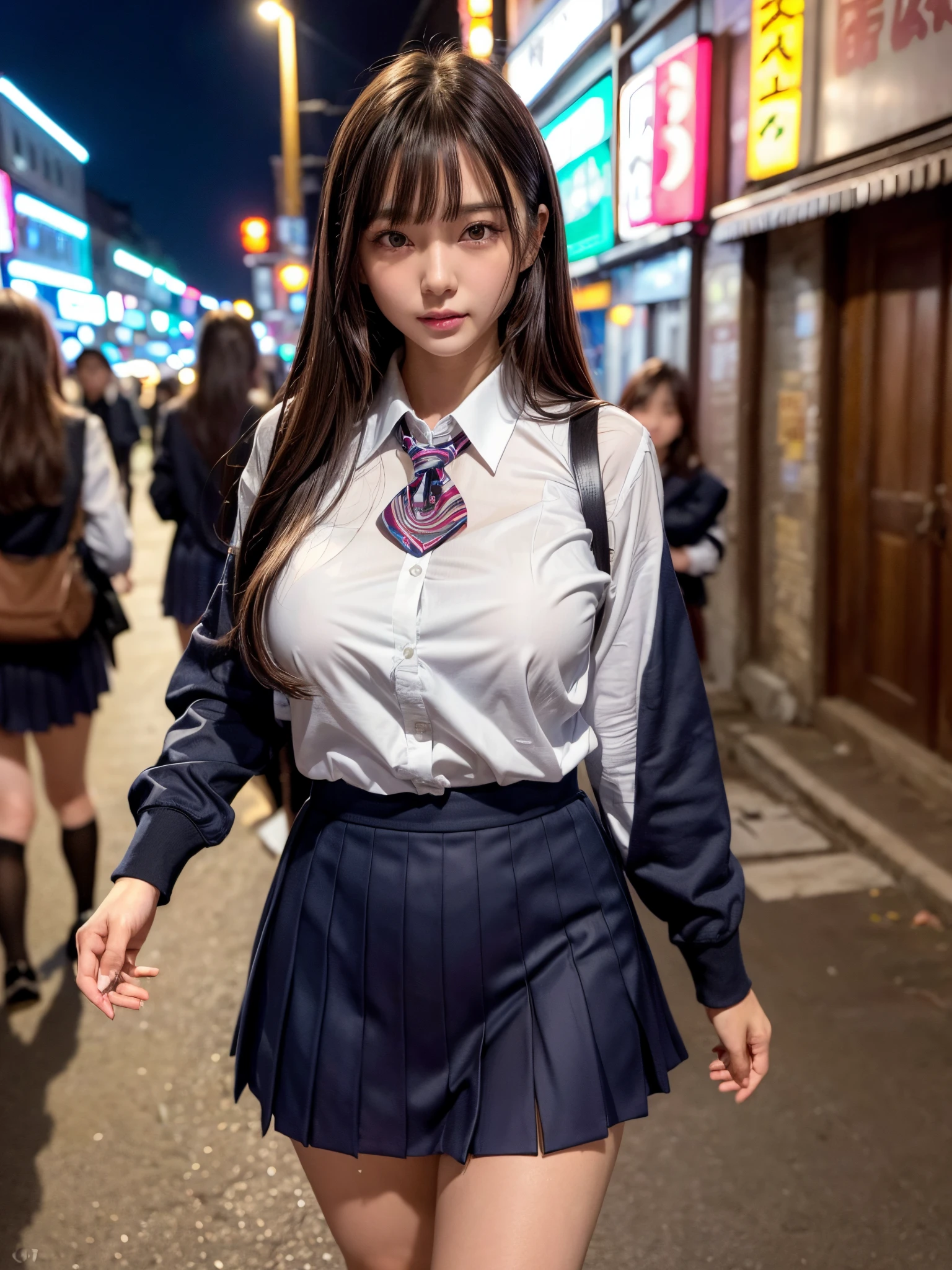8K,Best Quality, masutepiece, ultra-detailliert, 超A high resolution, Photorealistic, Raw photo, absurderes, absolutely resolution,1girl in,Looking at Viewer,a Japanese young pretty woman, hyper cute face, Glamorous figure, Huge breasts,Long bob hair,Smile,(School uniform:1.3),Detailed eyes, (she is walking down a crowded street at night:1.3),Glossy lips, Double eyelids in both eyes, Natural makeup, Glossy smooth light brown long bob hair, asymmetrical bangs, Shiny skin, central image, High resolution, high detailing, detailed hairstyle, Detailed face, spectacular movie lighting, Octane Rendering, Vibrant, Hyper realistic, Perfect limbs, Perfect Anatomy