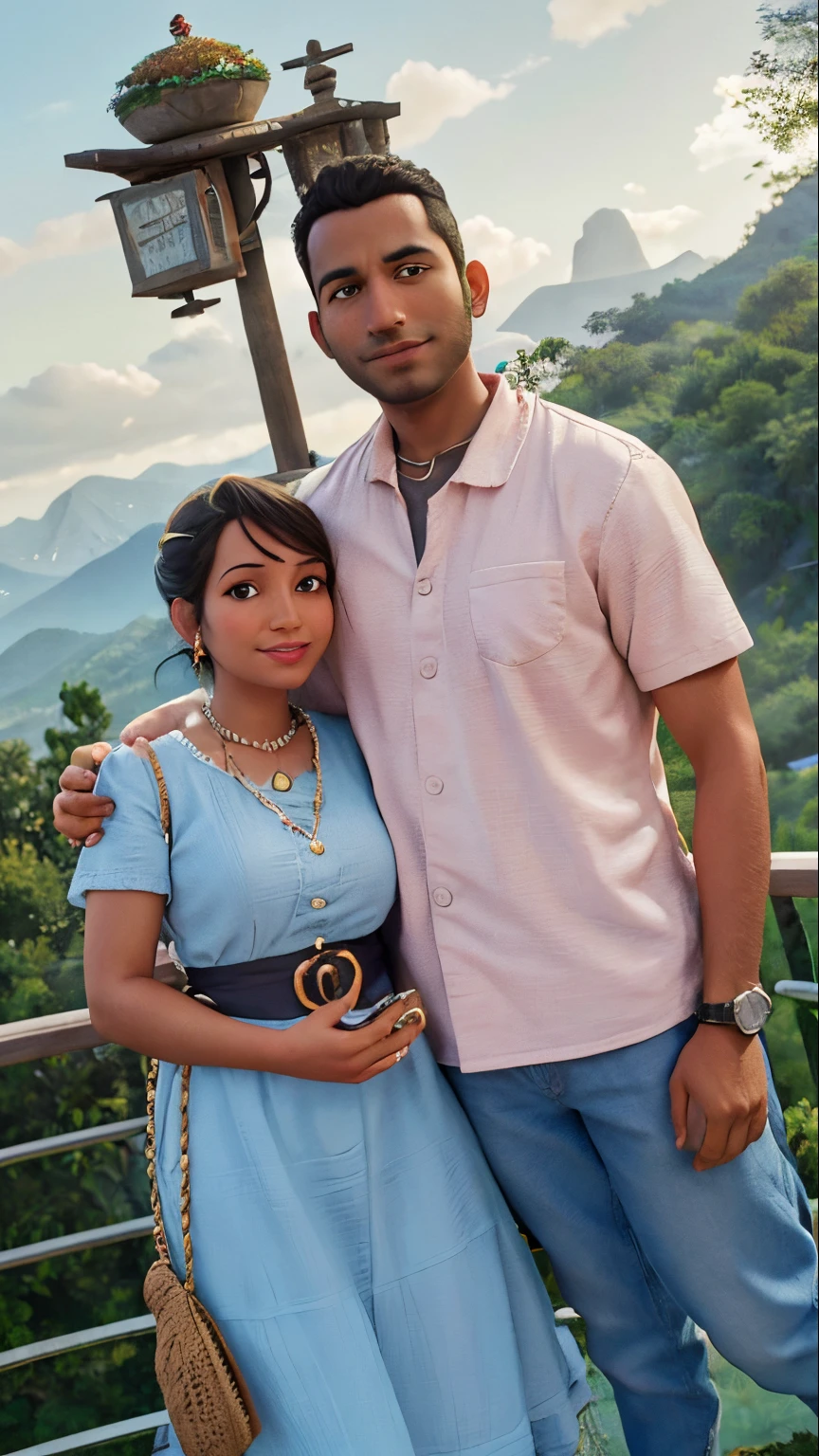 arafed man and woman standing on a bridge with a view of the mountains, lovely couple, with mountains in the background, vacation photo, jayison devadas, with mountains in background, hills in the background, mountains in the background, ghutra and egal, jungles in the background, photo taken in 2 0 2 0, mountain in the background