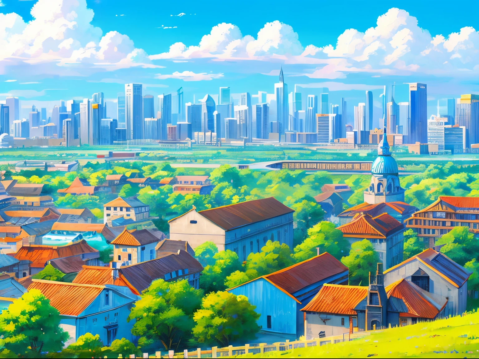 High quality backgrounds、near future、发光、blue open sky、Lots of buildings、Landscape painting、Anime style、overlooks、unmanned