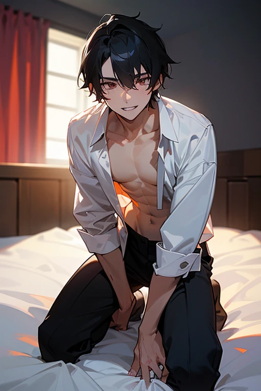 1 Boy, dark hair, white shirt, black slacks, on sheets, kneeling, seiza, (bare one's shirt:1.0), (open clothes:1.5), cool, (sexy:1.3), Fascinating, evil smile,(parted lips), pale skin,(background: on bed in bedroom), (Facing forward.:1.0),(Looking forward:1.0), Turn body to the front, sunset, high quality, high resolution, masterpiece