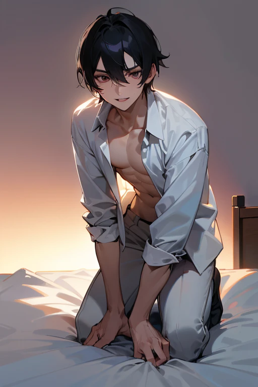 1 Boy, dark hair, white shirt, black slacks, on sheets, kneeling, seiza, (bare one's shirt:1.0), (open clothes:1.5), cool, (sexy:1.3), Fascinating, evil smile,(parted lips), pale skin,(background: on bed in bedroom), (Facing forward.:1.0),(Looking forward:1.0), Turn body to the front, sunset, high quality, high resolution, masterpiece