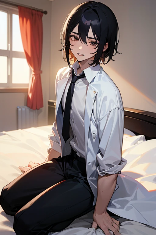 1 Boy, dark hair, white shirt, black slacks, on sheets, kneeling, seiza, (bare one's shirt:1.0), (open clothes:1.5), cool, (sexy:1.3), Fascinating, evil smile,(parted lips), pale skin,(background: on bed in bedroom), (Facing forward.:1.0),(Looking forward:1.0), Turn body to the front, sunset, high quality, high resolution, masterpiece