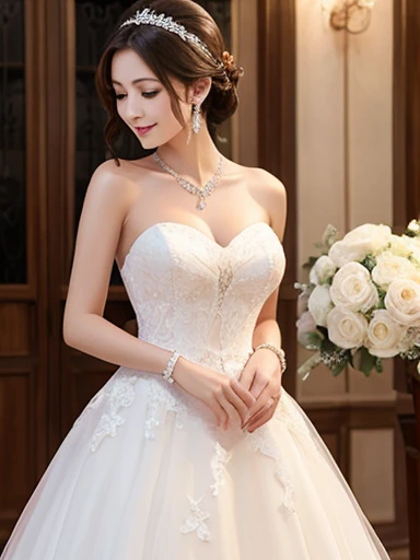 Beautiful lady, earrings, strapless wedding dress, cleavages, necklace, bracelets