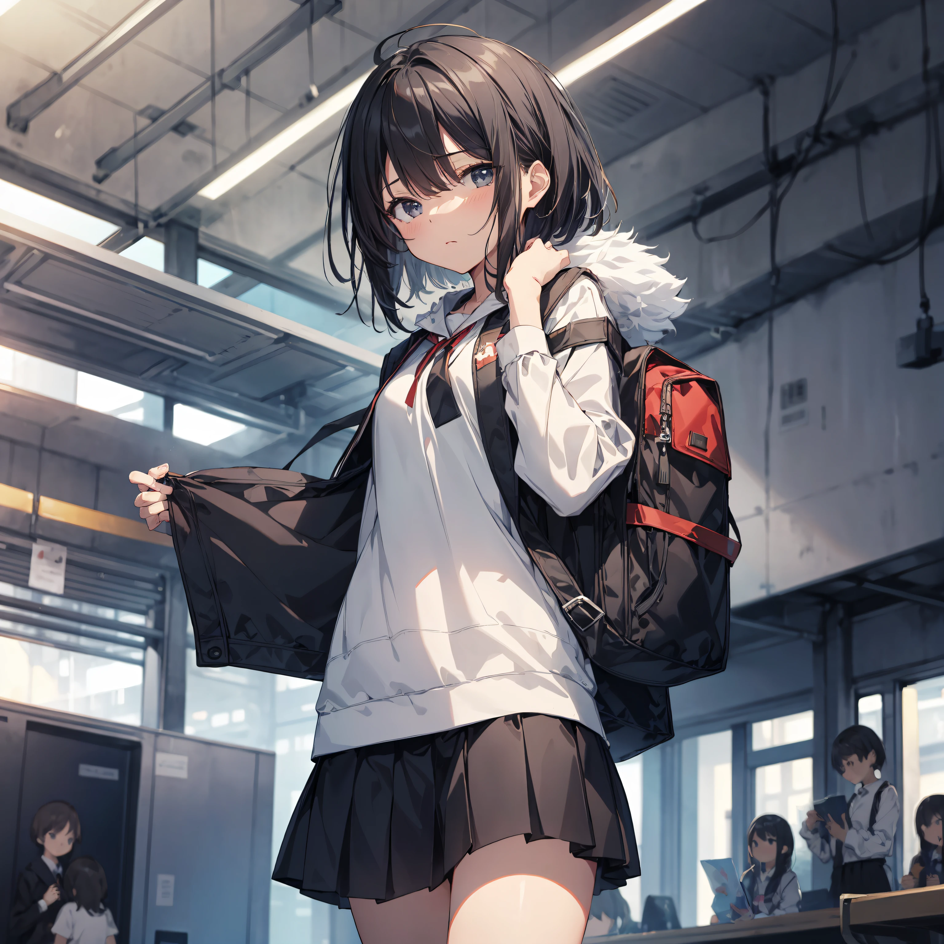 of the highest quality, anime moe art style,Best Anime 8K Konachan Wallpapers,Pixiv Contest Winner,Badass Anime 8K,Perfect Anatomy, (Draw a girl sleepily walking to school. ),BREAK, 1girl in, (Solo,Lori,,13yea:1.3),a junior gynous attraction, (Very short hair),hair messy, Full limbs, complete fingers,flat chest, Small butt, groin, Small eyes,Precise black eyes,disgusted eye, School uniform, Skirt,On the way to school. BREAK,Ultra-detailed,High resolution,super detailed skin, Professional Lighting,8k eye details, (cool illustration:1.2),