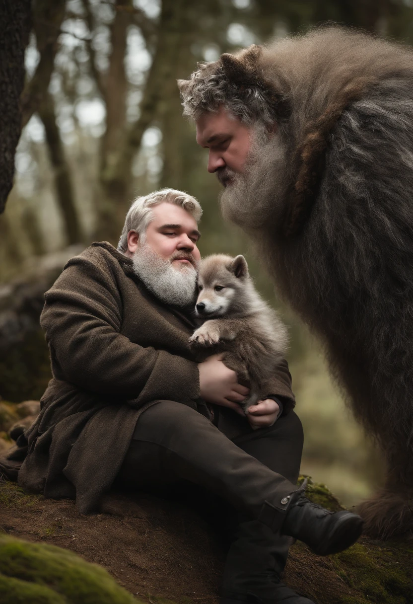 A photo of Hodor and Bran Stark enjoying a peaceful afternoon tending to the direwolf pups,Game of Thrones,Hodor, a beloved character from “Game of Thrones,” is notable for his towering height and robust build, giving him a gentle giant appearance. He has a simple, kind face, often marked by a look of confusion or contentment, and his clothing is typically plain and functional, suited to his role as a stable boy. , male