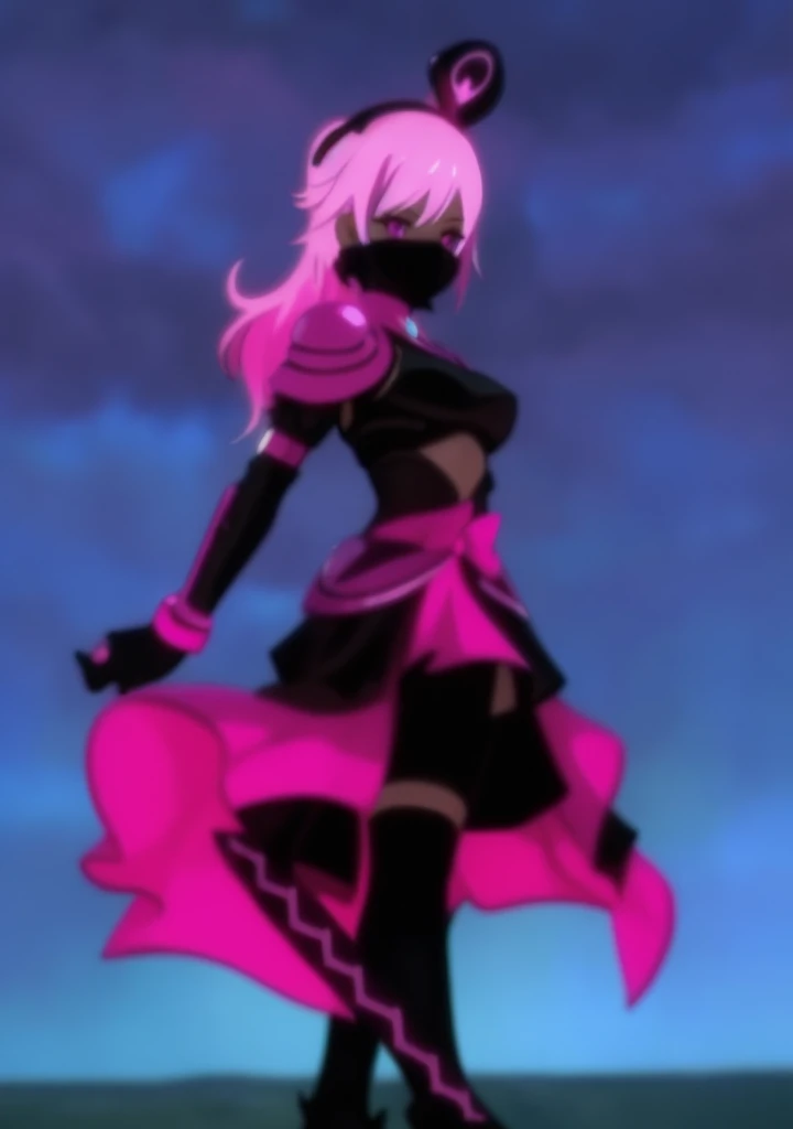 ((Masterpiece, highest quality)), a close up of a cartoon character in a dress with a sword, ethereal flowerpunk, fuchsia skin below the armor, floralpunk elysian maiden, fuchsia skin beneath the armor, holy cyborg necromancer girl, style of magical girl, darkness aura, streamlined pink armor, slick pink armor, dark aura, fuschia skin, fuchsia skin, black body, big boob, pink eyes