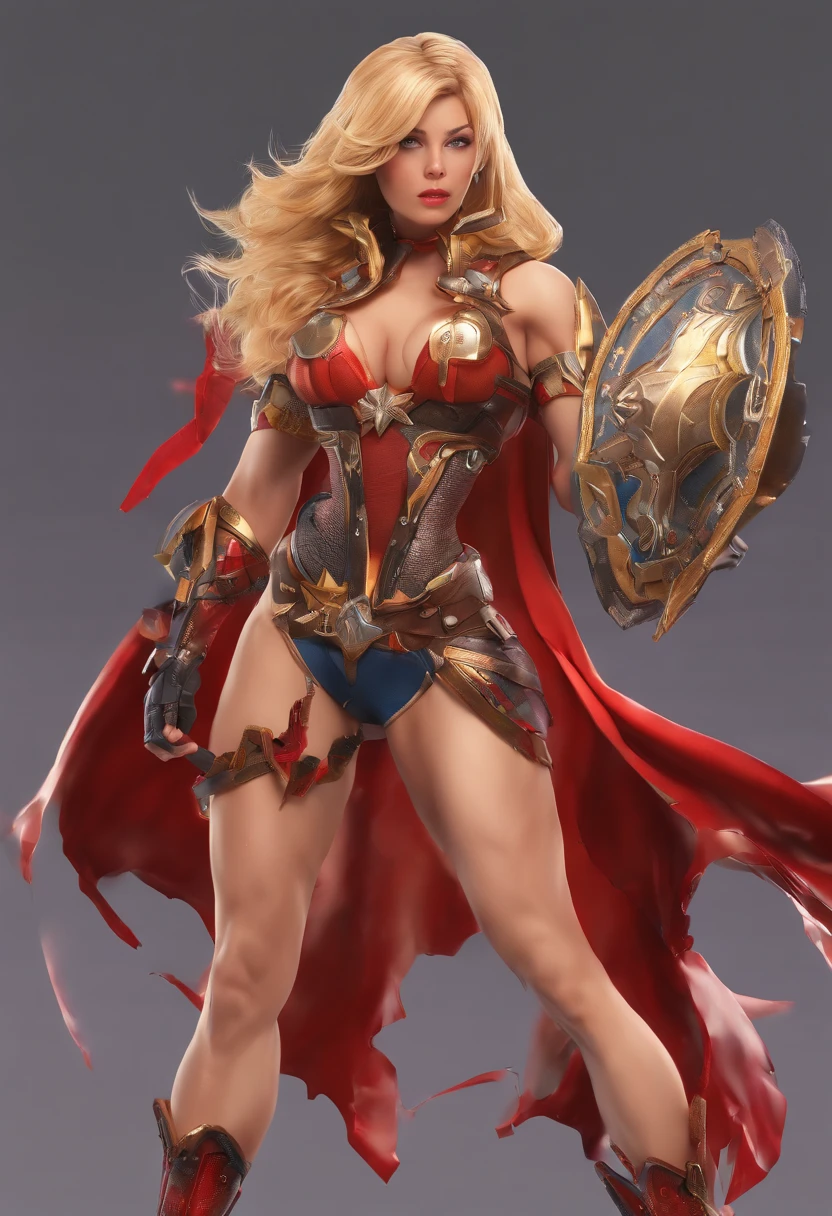 (masterpiece:1.4), (best quality:1.4),extremely detailed, intricate, hyper detailed, 1girl, Blonde hair, dress, down on one knee, (perfect_face), 4k, detailed_background, full_body, a close up of a woman in a ripped and torn costume, black corset skirt combo, gold inlay, red cape, hyper detailed, zenescope, bodybuilder superhero bikini, muscular super hero women, artgerm comic, extremely detailed artgerm,