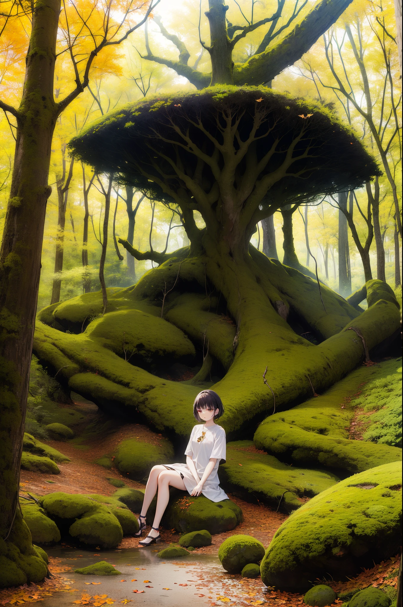 girl, Surreal art、masuter piece、独奏、Little woman、short-cut、Natural color clothing、Natural look、top-quality、ultra-detailliert、High quality detailing、8k、Colored leaves:1.5、deep autumn forest、Tree leakage day、Silence
