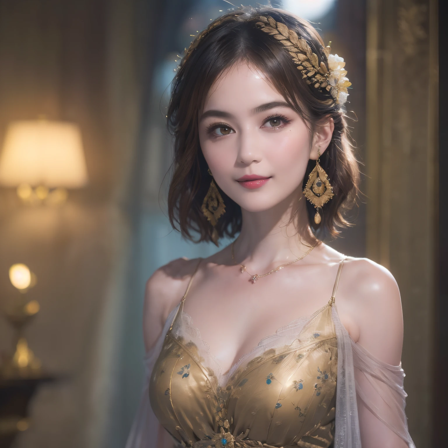 119
(a 20 yo woman,is standing), (A hyper-realistic), (high-level image quality), ((beautiful hairstyle 46)), ((short-hair)), (Gentle smile), (breasted:1.1), (lipsticks), (florals), (Light and Darkness), (rembrandt painting), (Luxurious room), (Depth of field is deep)