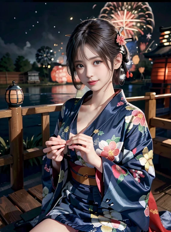 (8K、Raw photography、top-quality、masterpiece:1.2)、(reallistic、Photorealsitic:1.37)、The ultra -The high-definition、1 girl in、cute little、独奏、natta、Sitting、date、(Nasal redness)、(A smile:1.1)、(Closed)、Colossal tits、beautidful eyes、(short-hair:1.2)、Floating hair、(((Fireworks in the sky、natta)))、(((Kimono、Yukata)))、cleavage on the chest、perfect bodies、Perfect fingers、profetional lighting、goddess of Japan、gravure、Detailed face and skin texture、A detailed eye、Raw photo