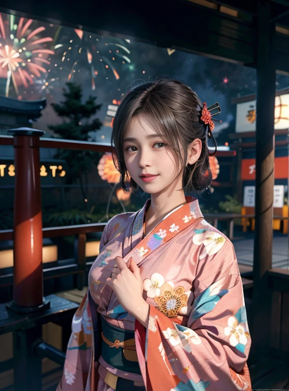 (8K、Raw photography、top-quality、masterpiece:1.2)、(reallistic、Photorealsitic:1.37)、The ultra -The high-definition、1 girl in、cute little、独奏、natta、Sitting、date、(Nasal redness)、(A smile:1.1)、(Closed)、Colossal tits、beautidful eyes、(short-hair:1.2)、Floating hair、(((Fireworks in the sky、natta)))、(((Kimono、Yukata)))、cleavage on the chest、perfect bodies、Perfect fingers、profetional lighting、goddess of Japan、gravure、Detailed face and skin texture、A detailed eye、Raw photo
