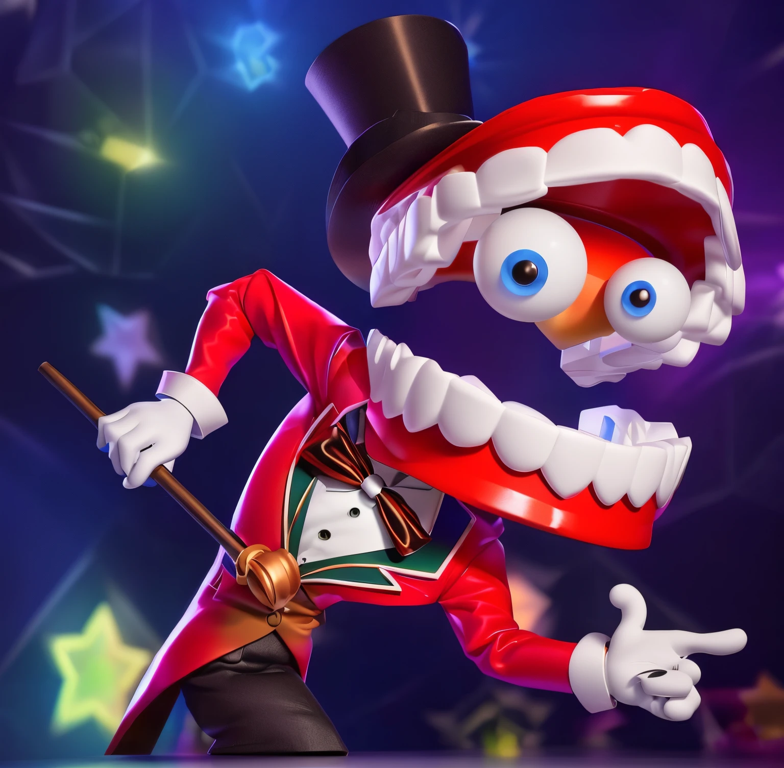 there is a cartoon character with a top hat and a cane, 3d 3 d, toon render keyshot, depicted as a pixar character, toon boom render, anthropomorphic character, high detail iconic character, rim light rimlight, he is wearing a top hat, claymation character, as a claymation character
