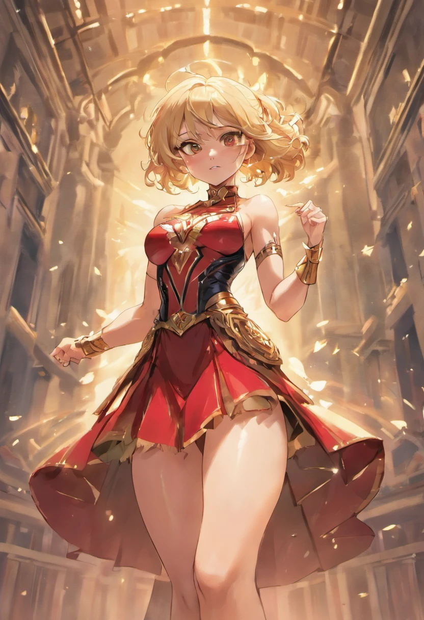 (masterpiece:1.4), (best quality:1.4),extremely detailed, intricate, hyper detailed, 1girl, Blonde hair, dress, down on one knee, (perfect_face), 4k, detailed_background, full_body, a close up of a woman in a ripped and torn costume, black corset skirt combo, gold inlay, red cape, hyper detailed, zenescope, bodybuilder superhero bikini, muscular super hero women, artgerm comic, extremely detailed artgerm,