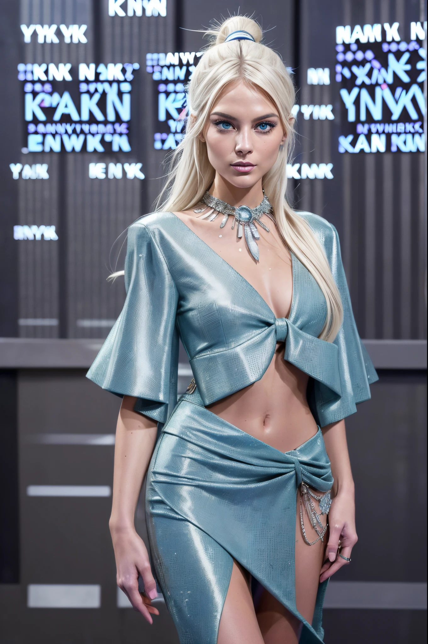 White hair, White hair, (Waist-length hair), glowing hair, Detailed hair, Blue Eyes, beautidful eyes, extremely detailed eyes and face, Beautiful detailed eyes, Ultra-detailed, light on the face, Fair skin, a 18 year old girl, bianca, Long hair up to the waist, Wear our summer collection inspired by Versace, Milan Fashion Week, BAPV, New York Stock Exchange(New York Stock Exchange(New York Stock Exchange(New York Stock Exchange(New York Stock Exchange(New York Stock Exchange(New York Stock Exchange(New York Stock Exchange(New York Stock Exchange(New York Stock Exchange(NYFW)))))))))), ornate clothes,Shorts, Vogue Style, s whole body, happy, Creative archetype, looking at camera, versace sunglasses