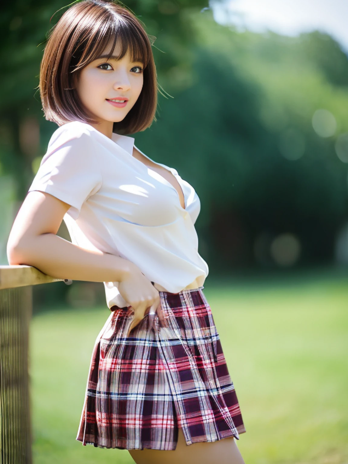 NSFW, 8k RAW photo, Best Quality, masutepiece, 超A high resolution, Film grain, filmg, 1girl in, Looking at Viewer, Natural Skin Texture, realistic eyes and face details, Full lips, lip stick, (makeup), Red eyeshadow, Fluffy short hair, hair messy, Smile, closes mouth, Beautiful legs, Tall lady, skinny, slim_Legs, Solo, huge-breasted, cleavage, Sensual Pose, Ultra short skirt, Ass, Shirt, classroom location, (Detailed background), plaid skirts, White wet shirt, No bra, huge-breasted, cleavage, Show a little cleavage through the shirt, lowfers, Blurry background, Blurry, Holding, Plaid, Short sleeves, JK ribbon on neck, JK Ribbon, Brown hair, 手链, Water, Bangs, School uniform, Jewelry, Parted lips, Lips, From Side, Pleated skirt, up skirt, depth of fields