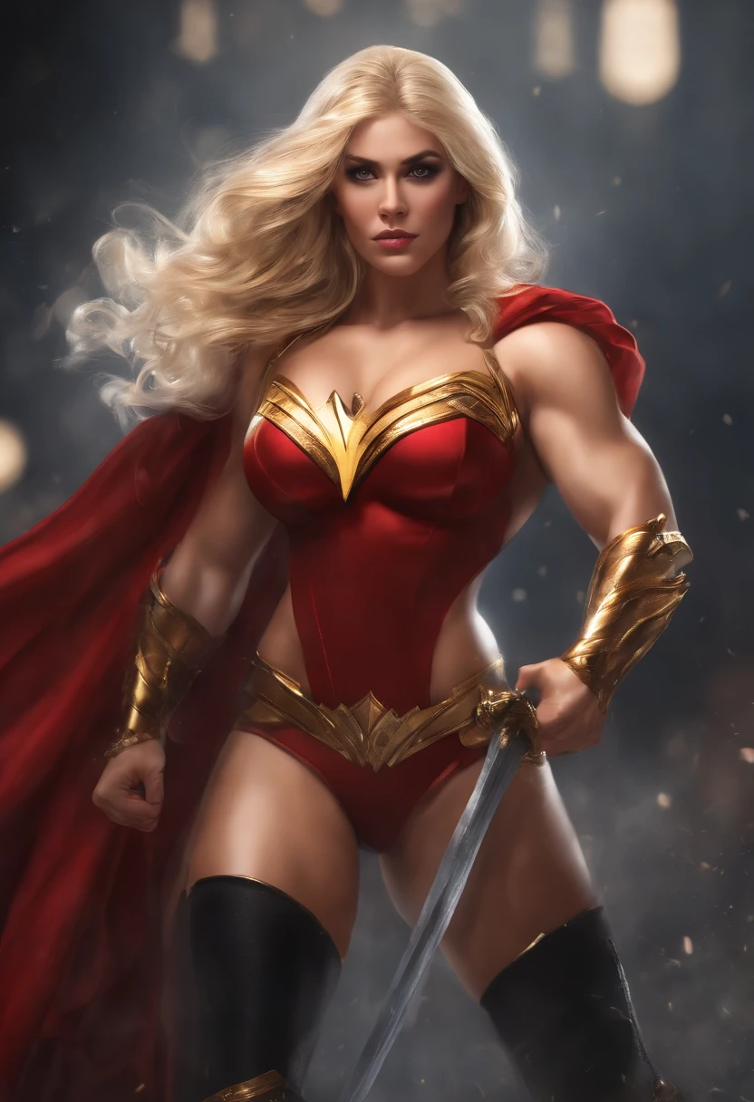 (masterpiece:1.4), (best quality:1.4),extremely detailed, intricate, hyper detailed, 1girl, Blonde hair, dress, down on one knee, (perfect_face), 4k, detailed_background, full_body, a close up of a woman in a ripped and torn costume, black corset skirt combo, gold inlay, red cape, hyper detailed, zenescope, bodybuilder superhero bikini, muscular super hero women, artgerm comic, extremely detailed artgerm,
