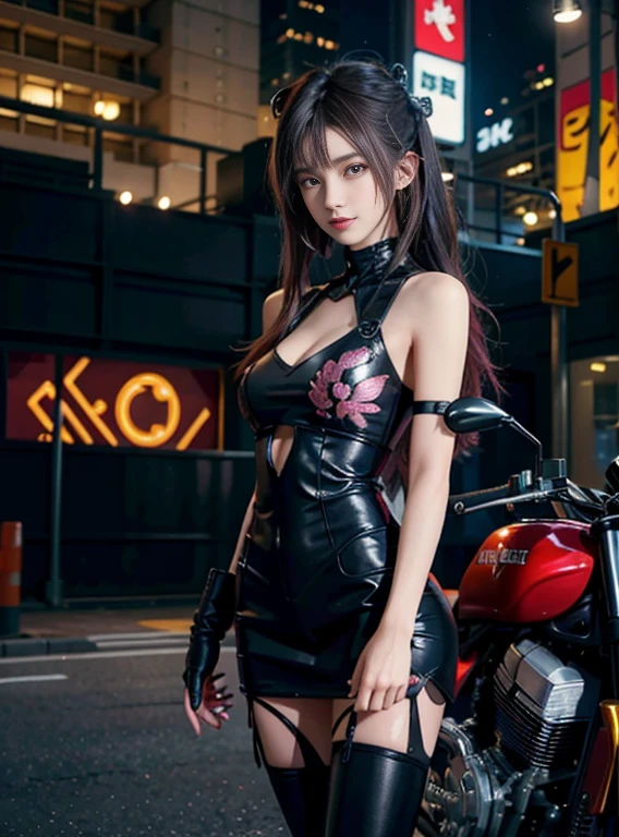 masutepiece, Best Quality, Confident cyberpunk girl, Full body shot, ((Stand in front of the motorcycle)), Pop costumes inspired by Harajuku, Bold colors and patterns, Eye-catching accessories, Trendy and innovative hairstyles, Bright makeup, Cyberpunk dazzling cityscape, Skyscrapers, neon signs, led lights, Bright and vivid color scheme, Anime, Illustration, Detailed skin texture, Detailed Cloth Texture, beautifull detailed face, Intricate details, ultra-detailliert.