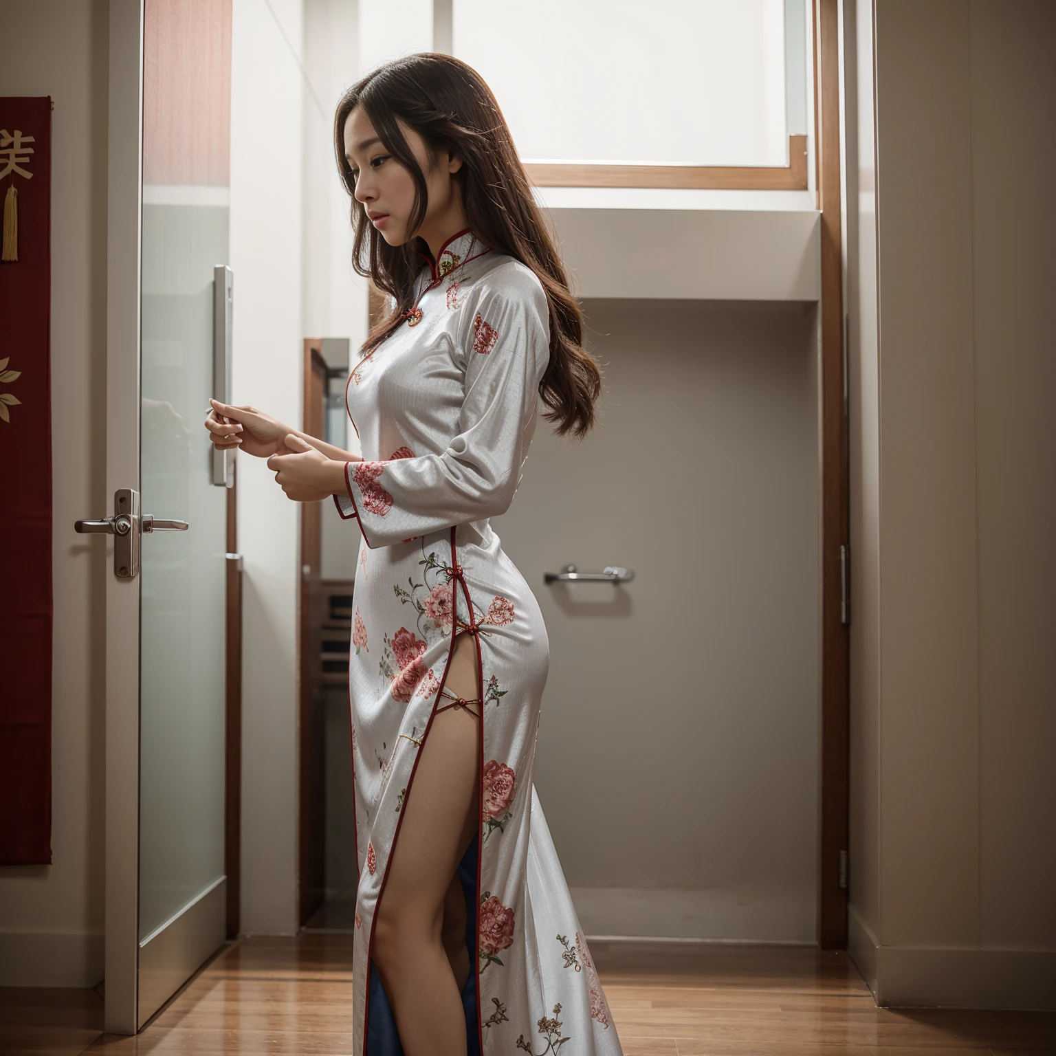 A woman wearing a long cheongsam dress with long hair stands alone.