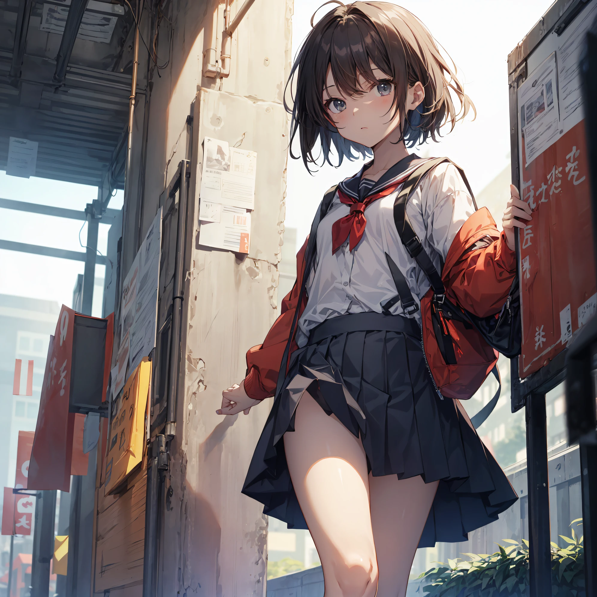 of the highest quality, anime moe art style,Best Anime 8K Konachan Wallpapers,Pixiv Contest Winner,Badass Anime 8K,Perfect Anatomy, (Draw a girl sleepily walking to school. ),BREAK, 1girl in, (Solo,Lori,child,13years:1.3),a junior high school student, Androgynous attraction, (Very short hair),hair messy, Full limbs, complete fingers,flat chest, Small butt, groin, Small eyes,Precise black eyes,disgusted eye, School uniform, Skirt,On the way to school. BREAK,Ultra-detailed,High resolution,super detailed skin, Professional Lighting,8k eye details, (cool illustration:1.2),