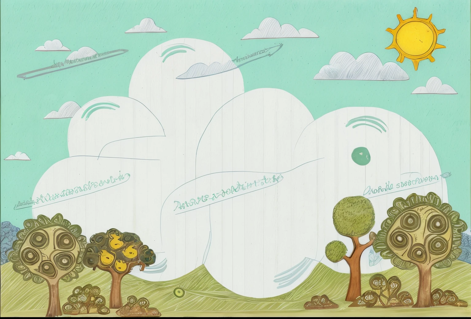 Desenho, arvores, nuvem, passaro, sol