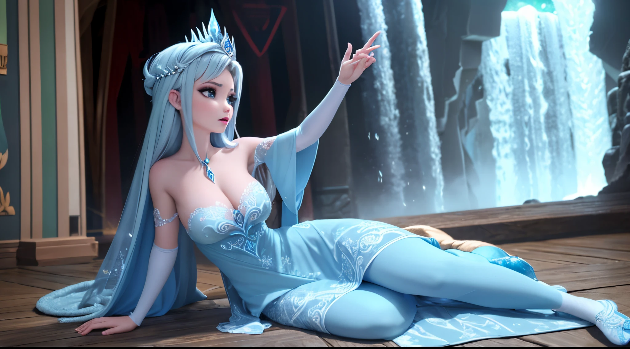 Cor de pele Azul como filme Avatar, Mulher de cabelo branco vestida com um traje com chifres e uma coroa, Rainha do gelo e da tempestade, Feiticeira do Gelo, rainha do gelo, Bruxa Frost Antiga Bonita, Ne zha de smite |, Rainha do Submundo, A Rainha do Gelo, com uma parede de gelo, mago de gelo, em uma caverna gelada, succubus | medieval esculpida como uma deusa