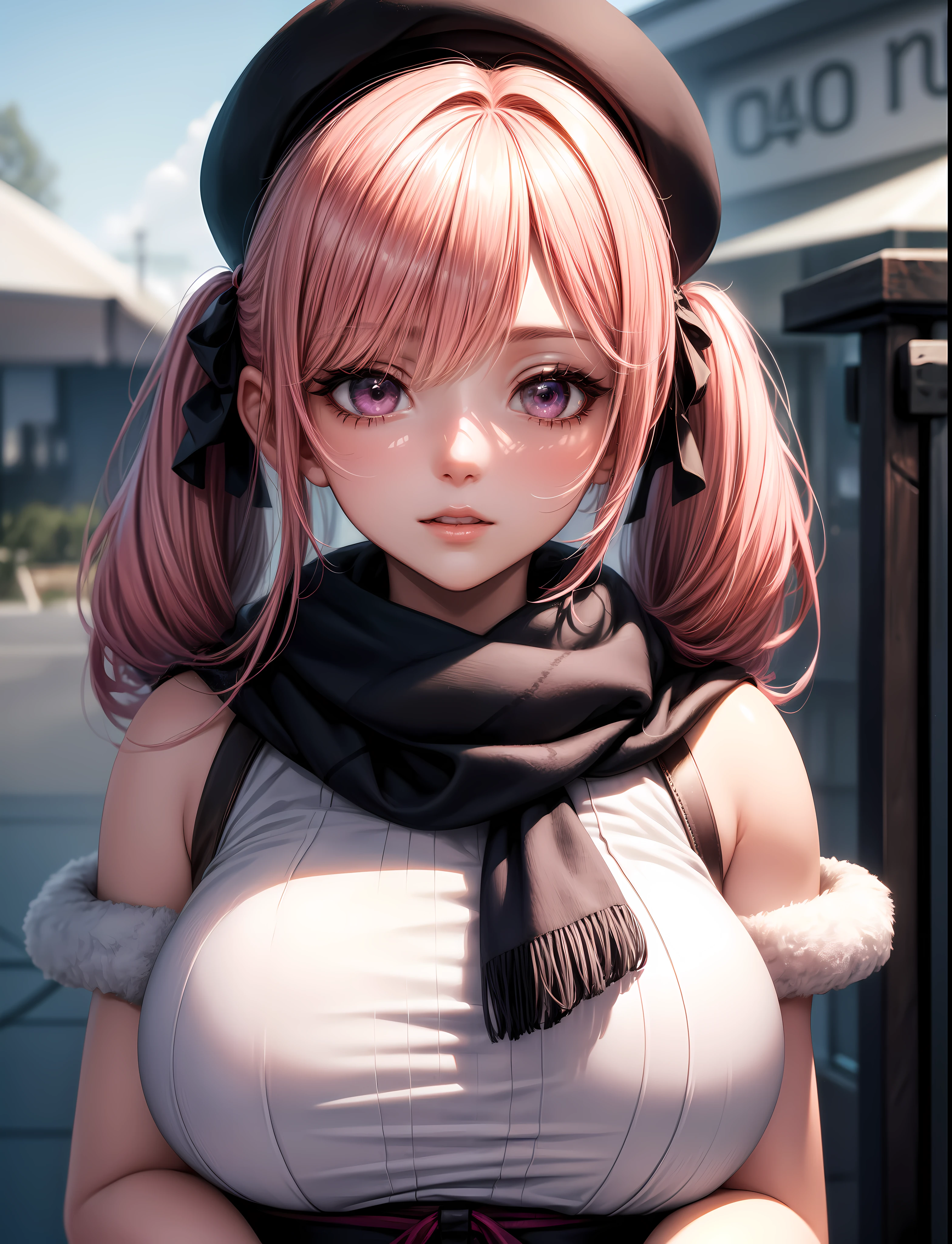 4k, ,Lens flare, pink hair ,mascara, eyeliner, god rays, 4k, 8k, best quality, masterpiece, hyper detailed, intricate detail, 1boy, 1 girl, detailed, Detailed fuchsia hair ++, detailed pink eyes ++, raytracing, perfect shadow, highres, enhanced eyes, huge breasts, seductive, hyper detailed, beret, trendy outfit, scarf, fluffy, winter, twin tails, fluffy