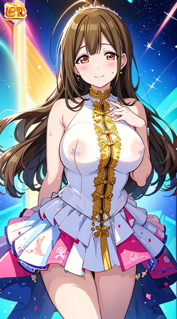 Anime illustration Plump body Beautiful girl idol Bright sunlight Archaic smile Sparkling eyes、Colossal tits、超A high resolution、Anatomically correct human body、Wearing sweat、Expose nipple、exposing female genitalia、Soft thighs、Live Stage、Gal、Close-up of people、fullnude、gorgeous embroidered costumes