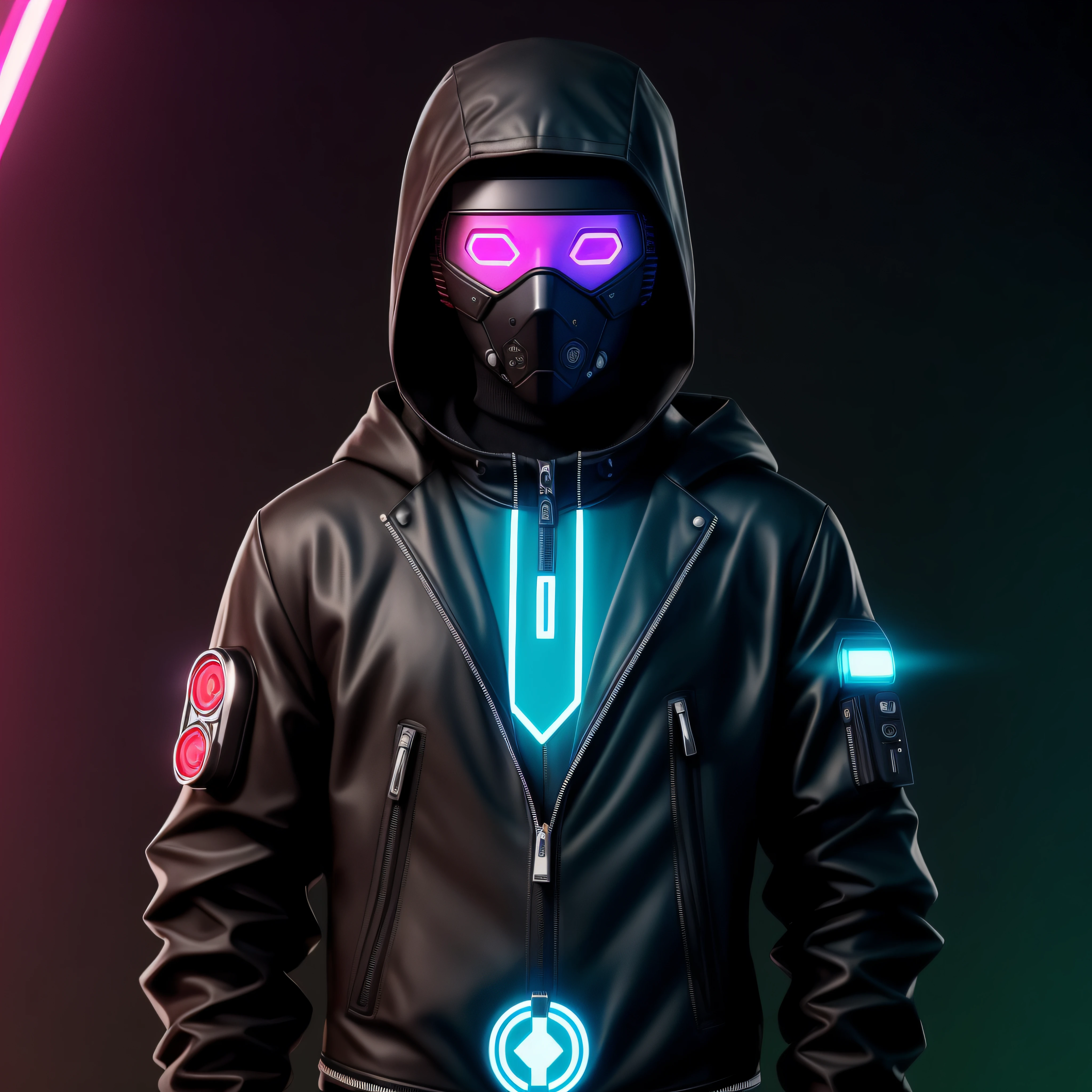 homem arafiado com um casaco preto googles vermelhos, cyber future jacket, cybernetic suit, hacker cyberpunk, neon operator, cara cyberpunk, cyber wear, personagem cyberpunk, cyberpunk hero, Garota de anime cyberpunk com capuz, terno cyberpunk, Cyberpunk Streetwear, cyber noir, Cybernetic style, Cyberpunk Rua Goon, Retrato do personagem darksynth, Retrato completo de Electromancer, usando streetwear cyberpunk, rosto mascarado, kakashi mask
