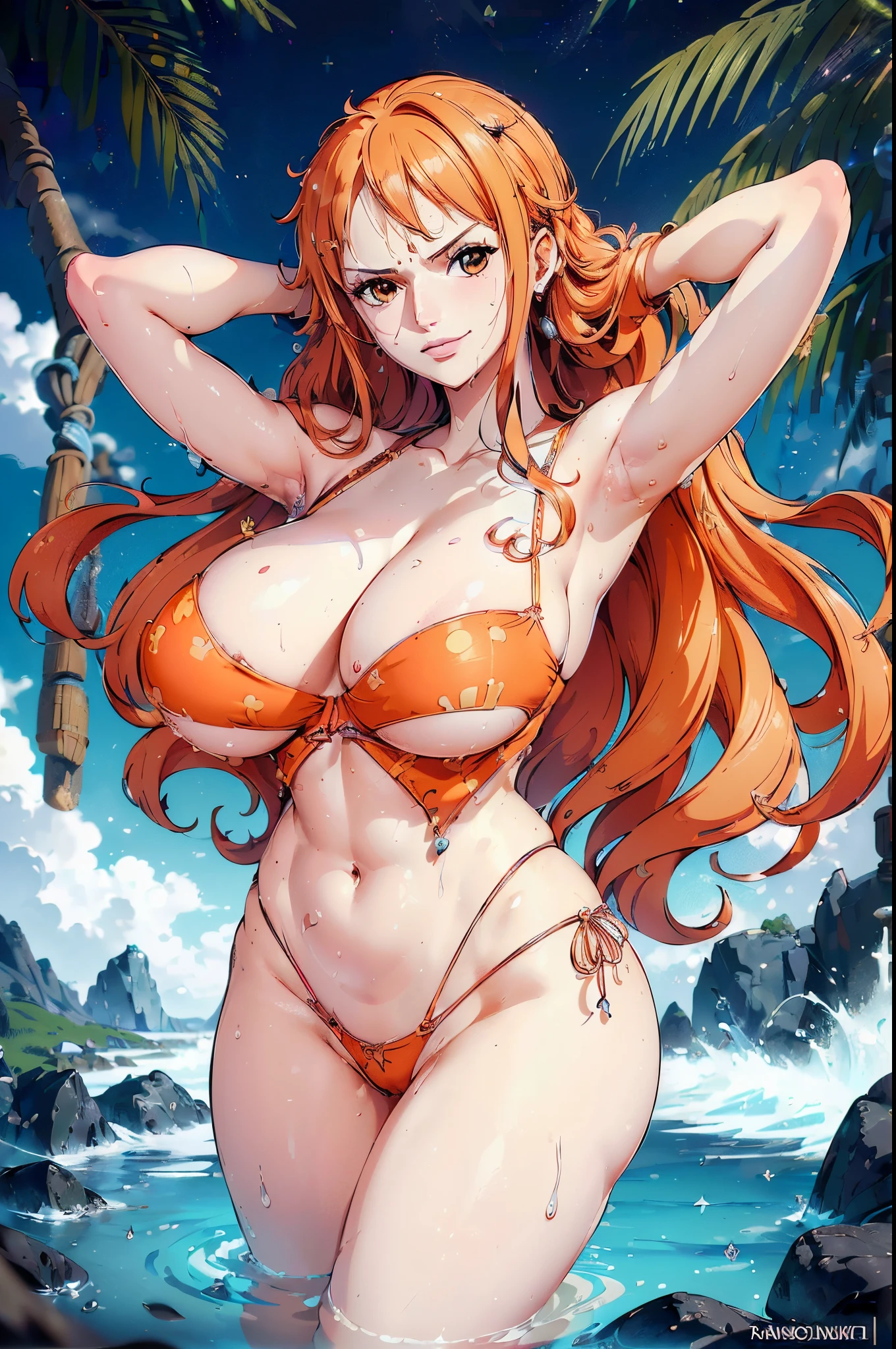 (generate nami from one piece anime with, detailed bra, (sexy thong) ,(show cleaveage), at pirate ship, beautifull face, pretty face, beautifull eyes, beautifull nose, sexy lips, polished nails, raytracing beautifull fingers, beautifull hands, sexy belly, sexy body, sexy shoulders, sexy legs, sexy hips, (4 fingers in 1 hand), white skin, full body picture, pretty makeup, (attractive eyes), (cg realistic), 8k, hyperdetail, ((anchor tattoo on arm)), masterpiece, best quality:1.2),(8k,highres,RAW photo,(detailed skin texture,detailed cloth texture,beautiful detailed face:1.25),professional lighting,photon mapping,beautiful soft light,radiosity,physically-based rendering,model shoot style, model shoot style, (extremely detailed CG unity 8k wallpaper), full shot body photo of the most beautiful artwork in the world, complex 3d render ultra detailed, looking at viewer, 18 yo, wet hair, real human skin, vibrant details, hyperrealistic, beautiful, octane render, 8k, best quality, masterpiece, an extremely delicate and beautiful, extremely detailed ,CG ,unity ,wallpaper,Amazing, finely detail, masterpiece,best quality,official art, extremely detailed CG unity 8k wallpaper ,extreme detailed eyes, (perfect face), shiny skin, colorful, highest detailed, vibrant colors, ultra high res, (high contrast), intricate, lens flare,