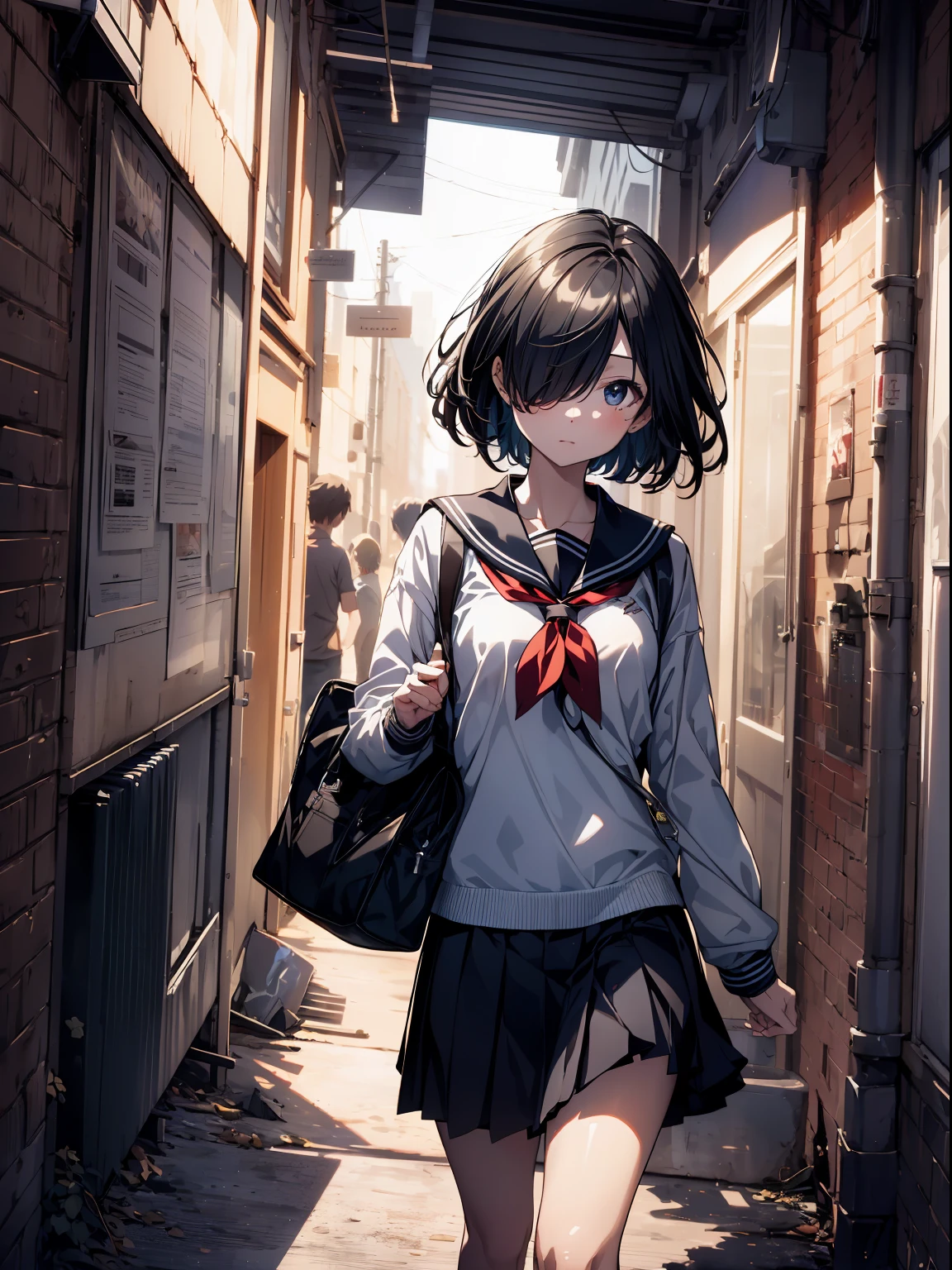 top-quality, anime moe art style,Best Anime 8K Konachan Wallpapers,Pixiv Contest Winner,Perfect Anatomy, (Draw a girl sleepily walking to school. ),BREAK, 1girl in, (Solo,Lori,child,15yo student:1.3),High school students, Short hair, Forehead, (Hair over one eye:1.4),Full limbs, complete fingers,medium breasts, groin, Small eyes,Precise black eyes, hair clips, Sailor Uniform, Skirt,Summer route to school. BREAK,Ultra-detailed,High resolution,super detailed skin, Professional Lighting,8k eye details, (Cute illustration:1.2),