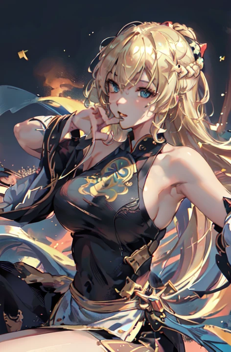 最high quality、Best image quality、masterpiece、With a girl((18-year-old、Best Bust、Large bast、D-cup breasts with firmness、Beautiful golden eyes、Tied to the cross、Spread your chest wide,Blonde long hair、Slender、Big Valley、Gold Bodysuit,Show the whole body、Open your arms、Gold ring on wrist、Shoots lightning from hands、Backward view、turn around、Tight ass、Expressions of pain、Torn suit:1.5、high quality、Beautiful art、background((Night Sky、Black Cloud、lightning、Intense thunder、Lightning strikes、Red Thunder、Blue lightning、Gold Thunder))Tabletop、Visual Arts、Depth of written boundary、Night Sky