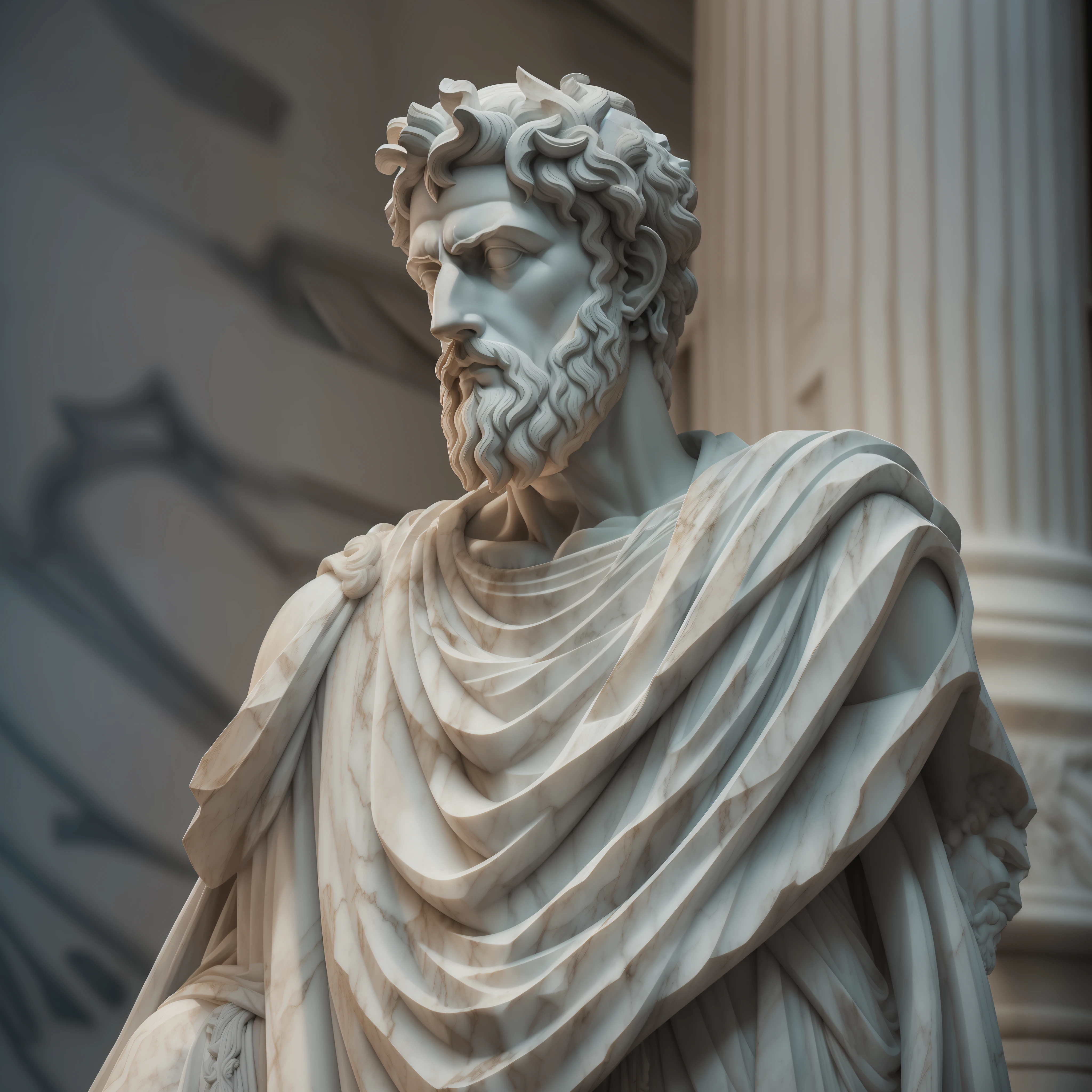 A carefully detailed realistic Greek white marble statue of Marcus Aurelius wearing a ghostly toga, fundo neutro, Moody, , fotorrealista, Jantar de cinema atencioso, super detalhada, Hiper realista, luzes brilhantes, 8 mil