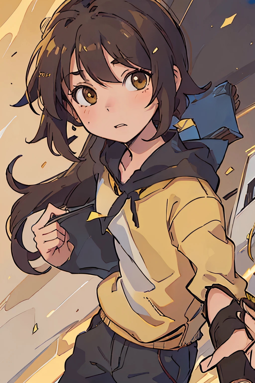Create an anime-style image of a 17-year-old boy with dark yellow medium-length hair and brown eyes. intelligent and studious.