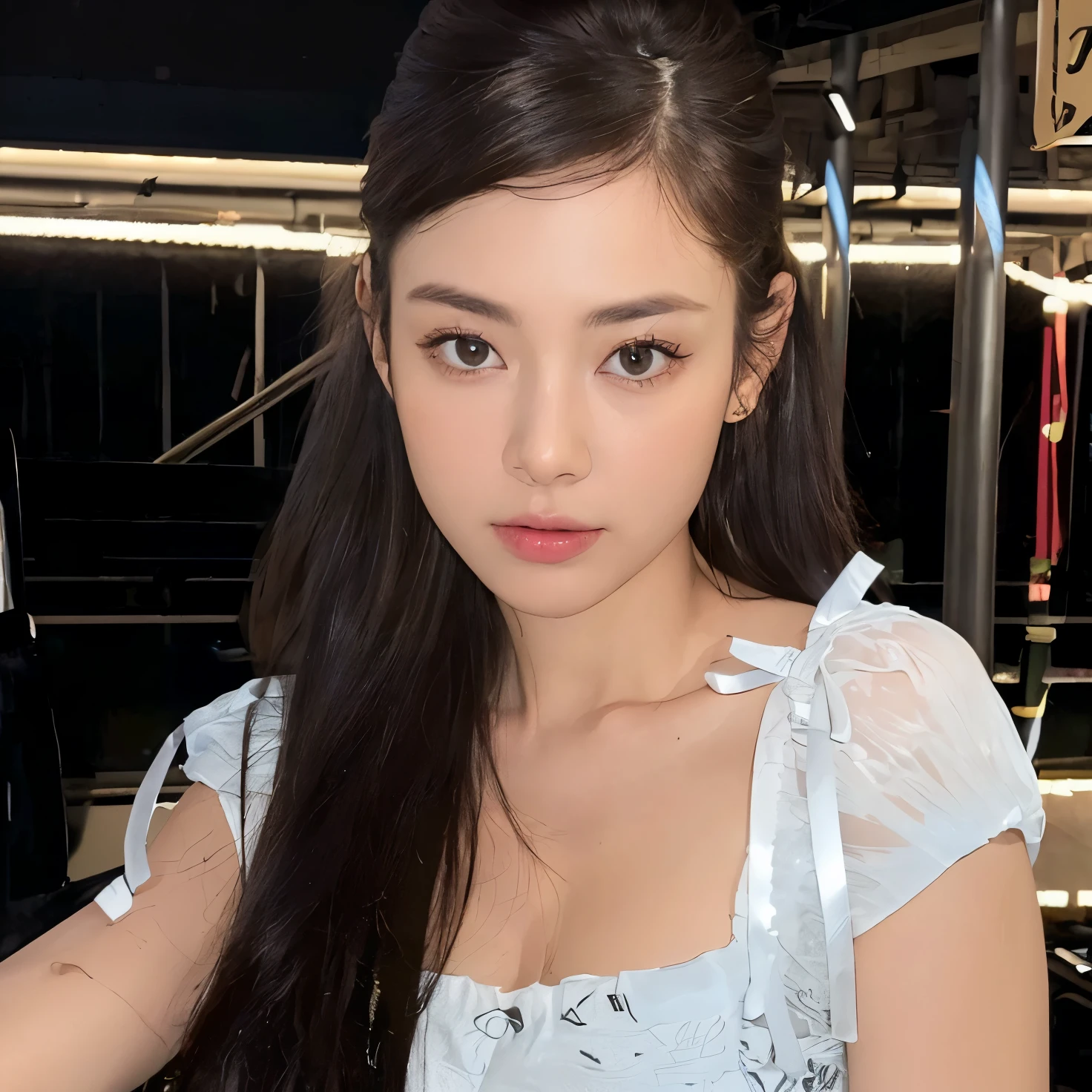 ((Realistic lighting, top quality, 8K, Masterpiece: 1.3)), Clear Focus: 1.2, 1 girl, Perfect Body Beauty: 1.4, Slim Abs: 1.1, ((Dark Brown Hair, Big: 1.3)), (Accelerate: 1.4), (Outdoor, Night: 1.1), Street, Ultra Slender Face, Fine Eyes, Double Eyelids, Exposed Cleavage, Incredibly Absurd, Messy Hair, Floating Hair,