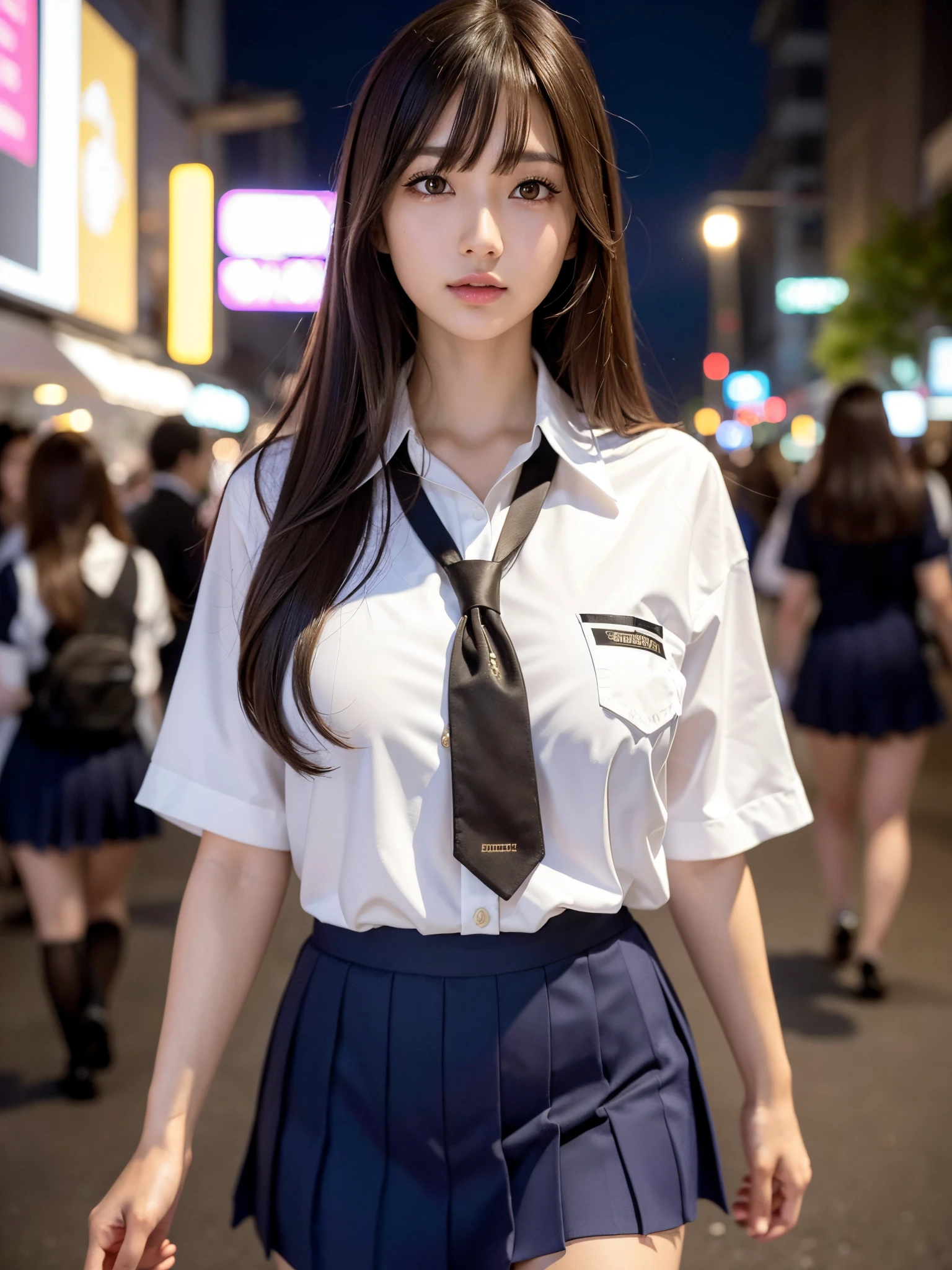 8k,best quality, masterpiece, ultra detailed, ultra high res, photorealistic, raw photo, absurdres, absolutely resolution,1girl,looking at viewer,a Japanese young pretty woman, hyper cute face, glamorous figure, huge breasts,long bob hair,smile,(school uniform:1.3), (She walks through the crowded streets at night:1.3),glossy lips, detailed eyes,double eyelids in both eyes, natural makeup, shiny smooth light brown long bob hair, asymmetrical bangs, shiny skin, central image, high resolution, high detailing, detailed hairstyle, detailed face, spectacular movie lighting, octane rendering, vibrant, hyper realistic, perfect limbs, perfect anatomy