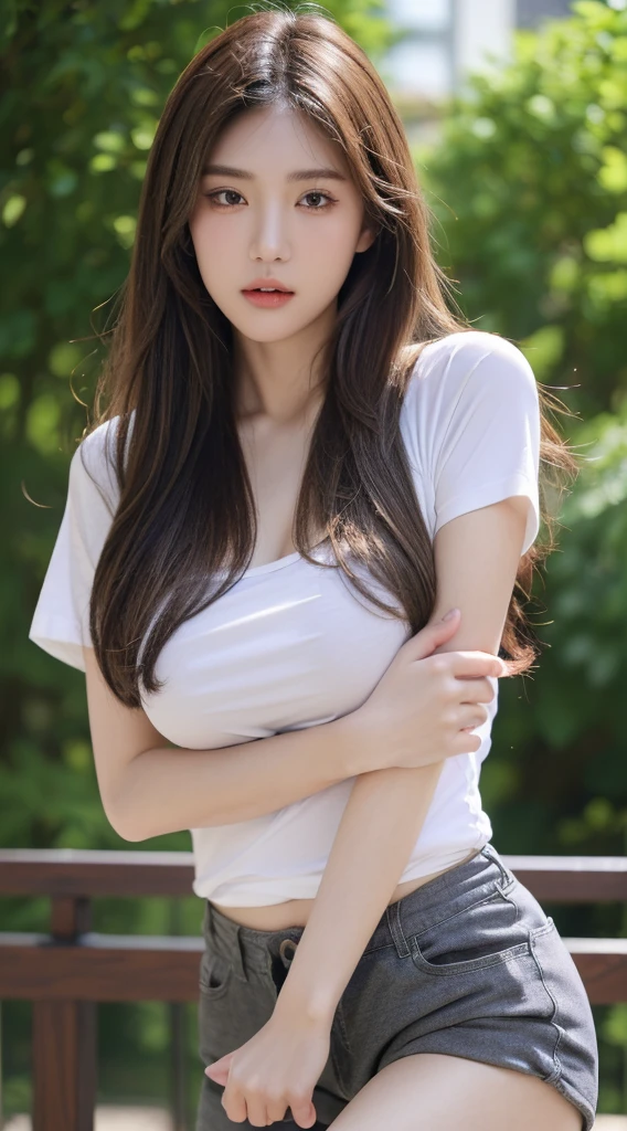 ((最高品質, 10, masterpiece: 1.3)), Seductive woman, 1 girl, (Slender Figure: 1.2), dark-brown hair, (outdoor, shirt, short pants: 1.1), higly detailed face, Detailed Lips, detailed eyes, 二重まぶた, (enormous breasts: 1.3)
