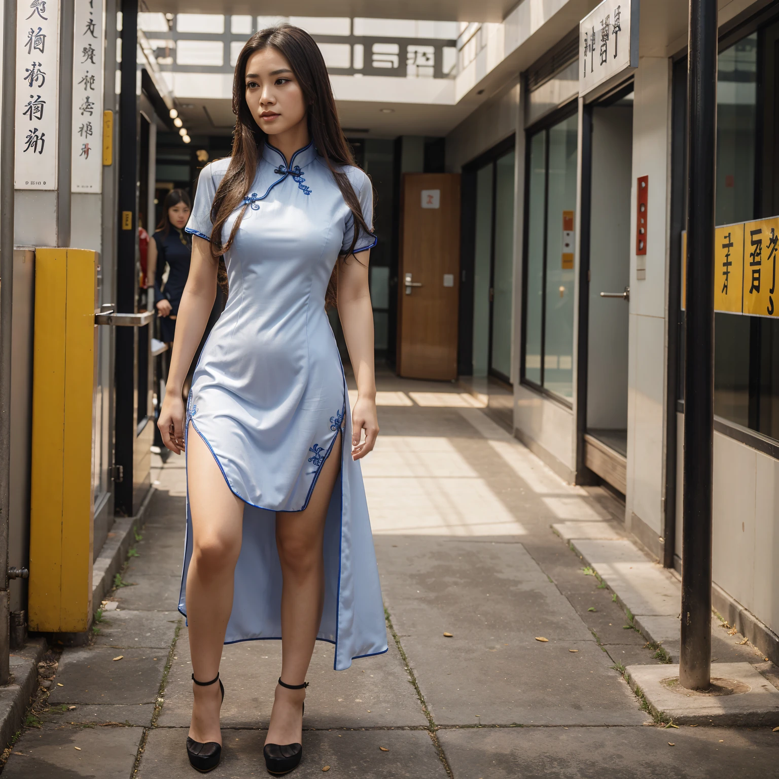 A woman wearing a long cheongsam dress with long hair stands alone.