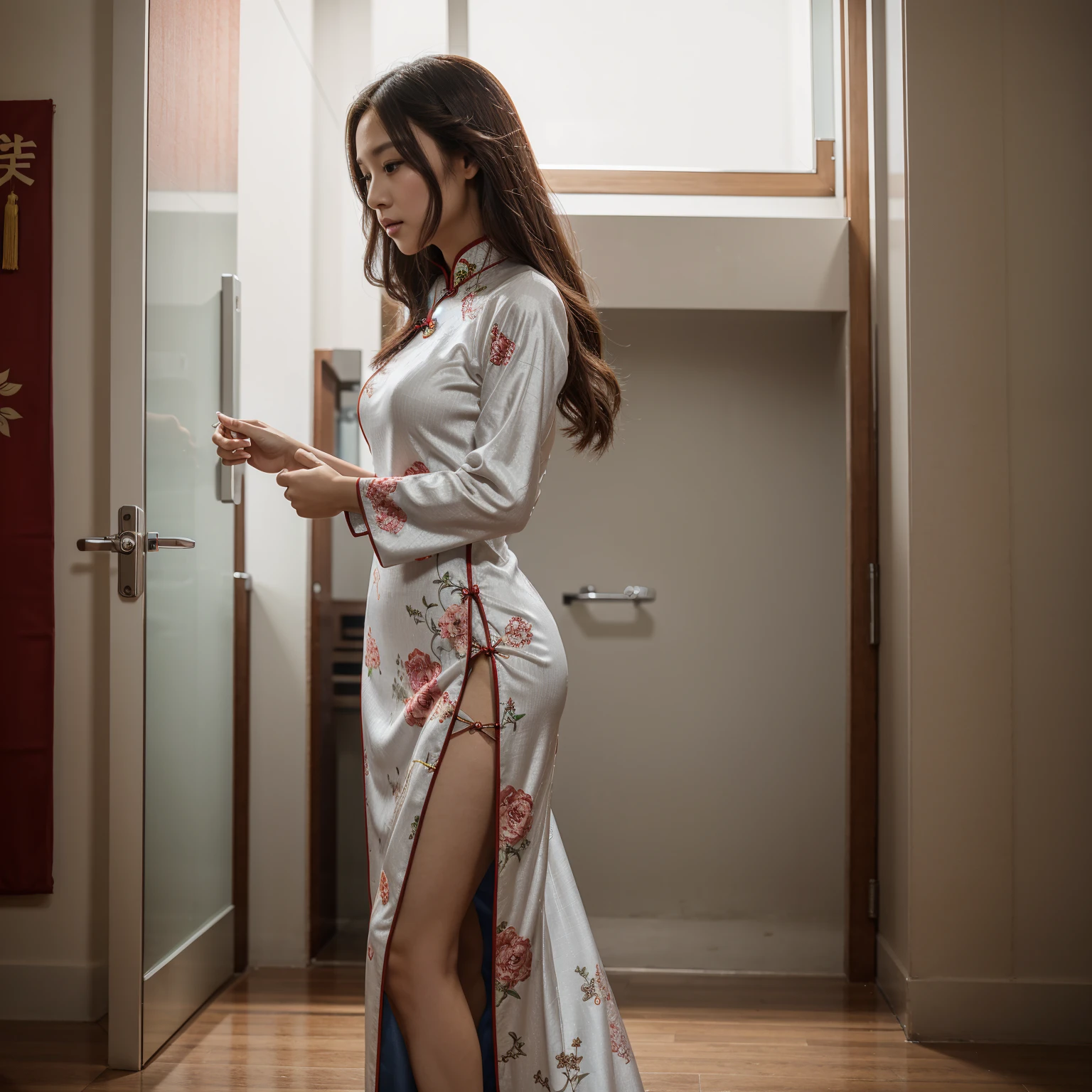A woman wearing a long cheongsam dress with long hair stands alone.