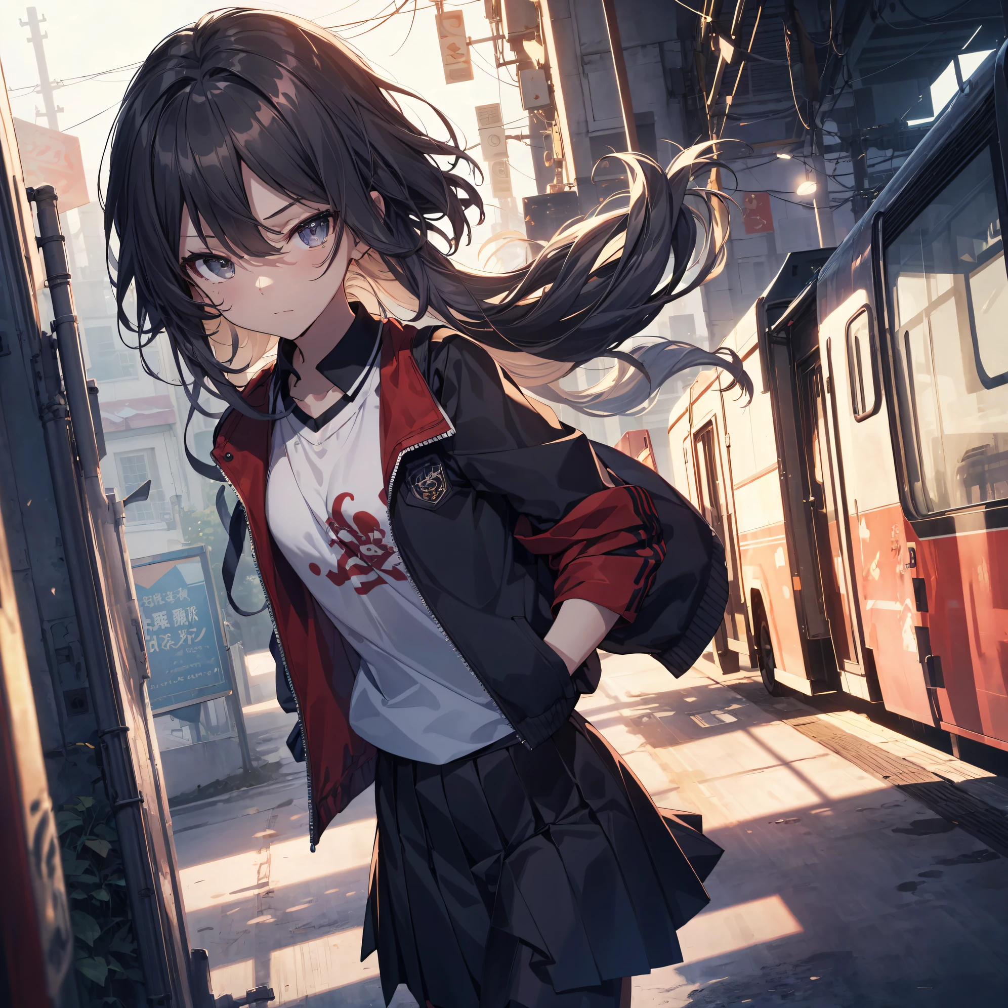 of the highest quality, anime moe art style,Best Anime 8K Konachan Wallpapers,Pixiv Contest Winner,Badass Anime 8K,Perfect Anatomy, (Draw a girl sleepily walking to school. ),BREAK, 1girl in, (Solo,Lori,,13yea:1.3),a junior gynous attraction, (Very short hair),hair messy, Full limbs, complete fingers,flat chest, Small butt, groin, Small eyes,Precise black eyes,disgusted eye, School uniform, Skirt,On the way to school. BREAK,Ultra-detailed,High resolution,super detailed skin, Professional Lighting,8k eye details, (cool illustration:1.2),