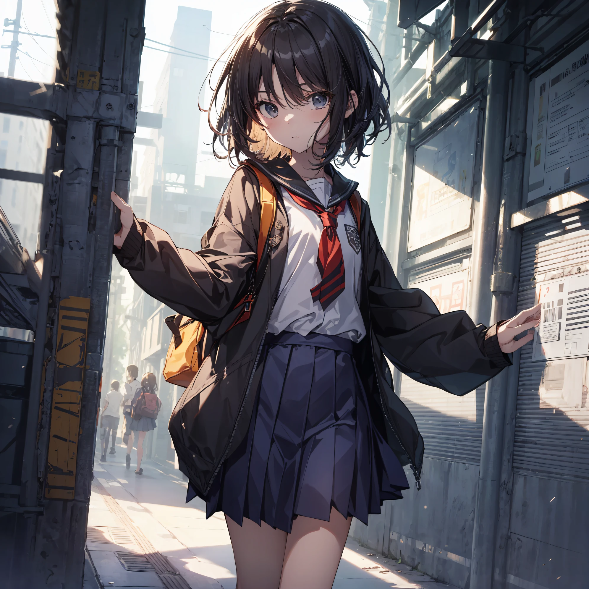 of the highest quality, anime moe art style,Best Anime 8K Konachan Wallpapers,Pixiv Contest Winner,Badass Anime 8K,Perfect Anatomy, (Draw a girl sleepily walking to school. ),BREAK, 1girl in, (Solo,Lori,child,13years:1.3),a junior high school student, Androgynous attraction, (Very short hair),hair messy, Full limbs, complete fingers,flat chest, Small butt, groin, Small eyes,Precise black eyes,disgusted eye, School uniform, Skirt,On the way to school. BREAK,Ultra-detailed,High resolution,super detailed skin, Professional Lighting,8k eye details, (cool illustration:1.2),