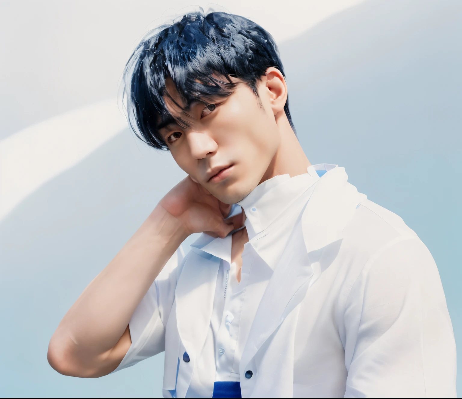 black haired japanese man　shorth hair　Muscular arms　thick arms　Written by Met　portlate　　studio　　hight resolution　4K 　late 20s age　　with a blue background　white  shirt　Manteau blanc　sunlight