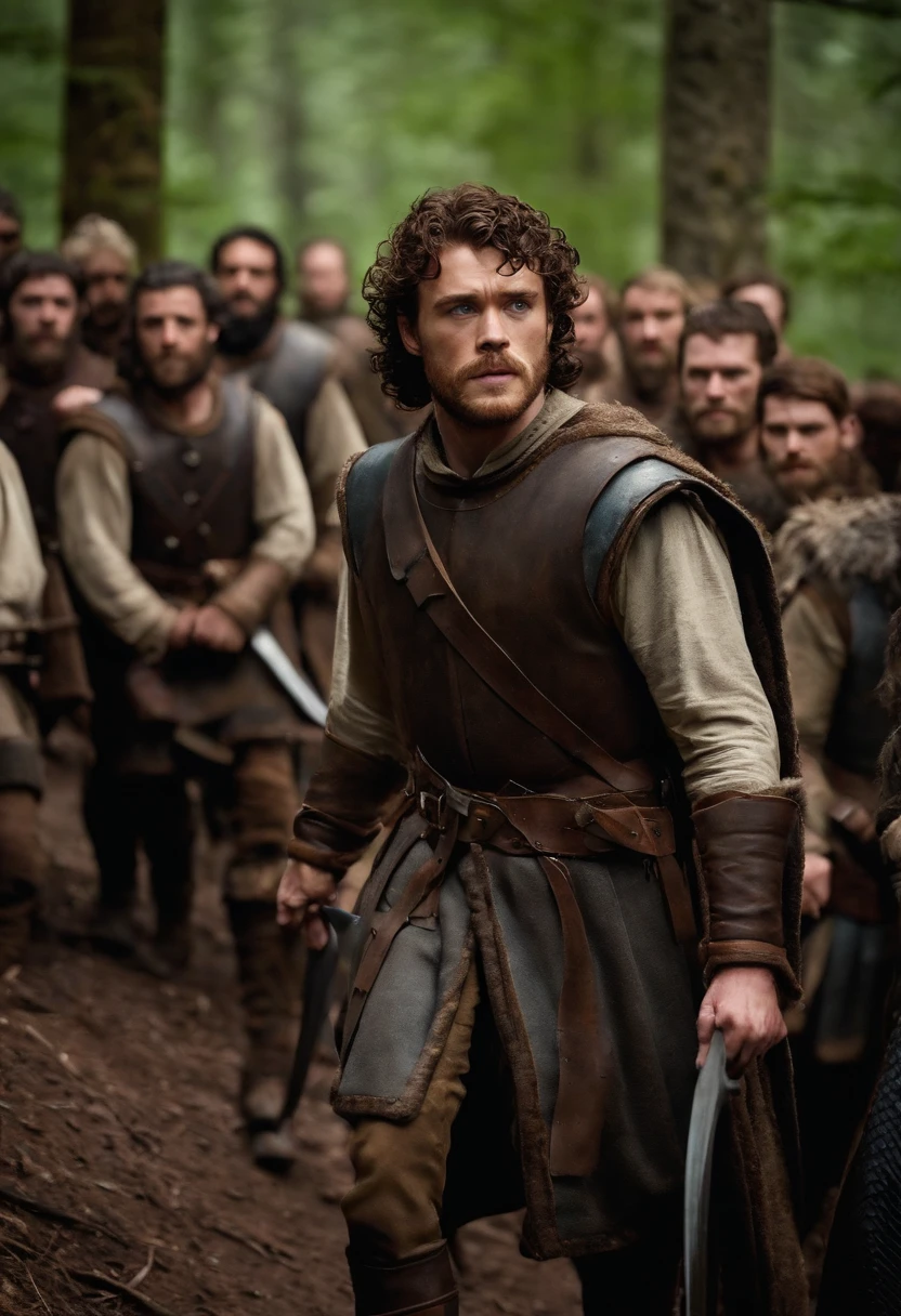 A photo of Robb leading a group of men in a rescue mission to save a stranded group of villagers in the northern forests.,Game of Thrones TV series,Robb Stark has curly auburn hair, blue eyes, and a neat beard. Famously portrayed by Richard Madden, male