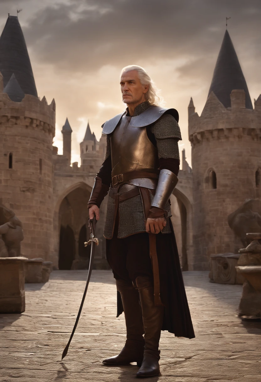 Aemond Targaryen standing in the courtyard of the Red Keep, overseeing the training of his men-at-arms, a stern expression on his face as he observes their drills.,A Song of Ice and Fire,His physical presence is characterized by silver, straight, and well-kept hair cascading down a long and sharp face. A sharp jawline, straight nose, pointed chin, and the unique feature of a missing right eye add to his distinctive appearance. The left eye, a striking lilac hue, draws attention, with the empty right eye socket adorned by a blue sapphire or concealed by an eyepatch. Thin lips, a pale complexion, and a serious expression complete his visage. Aemond's tall, slim, and lithe build contributes to an overall image of strength and regality., male