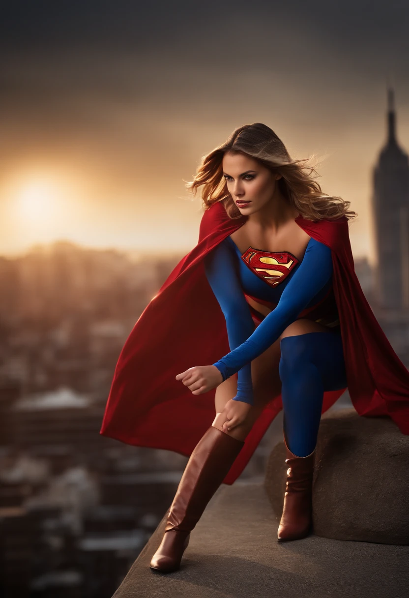 (best quality,4k,8k,highres,masterpiece:1.2),ultra-detailed,(realistic,photorealistic,photo-realistic:1.37),sexy,main:supergirl, detailed:beautiful eyes,beautiful lips,extremely detailed face,longeyelashes,skimpy costume,body-hugging suit,confident expression,provocative pose,flying in the sky,dusk background,vivid colors,studio lighting,sultry atmosphere,lens flare,physically-based rendering,shiny texture,fierce and powerful,heroine,comic book style,superpowers,muscular physique,perfectly proportioned,body curves,thigh-high boots,cape flowing,cityscape in the distance