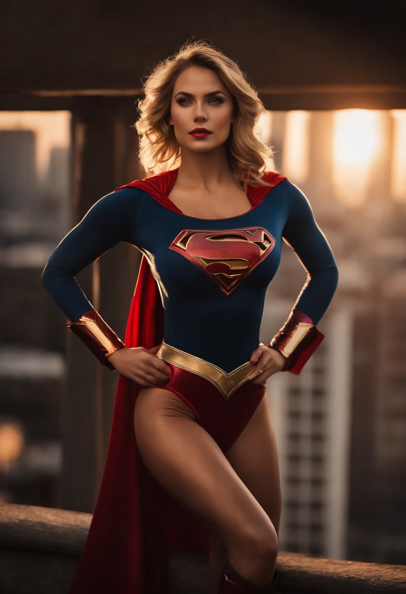 (best quality,4k,8k,highres,masterpiece:1.2),ultra-detailed,(realistic,photorealistic,photo-realistic:1.37),sexy,main:supergirl, detailed:beautiful eyes,beautiful lips,extremely detailed face,longeyelashes,skimpy costume,body-hugging suit,confident expression,provocative pose,flying in the sky,dusk background,vivid colors,studio lighting,sultry atmosphere,lens flare,physically-based rendering,shiny texture,fierce and powerful,heroine,comic book style,superpowers,muscular physique,perfectly proportioned,body curves,thigh-high boots,cape flowing,cityscape in the distance