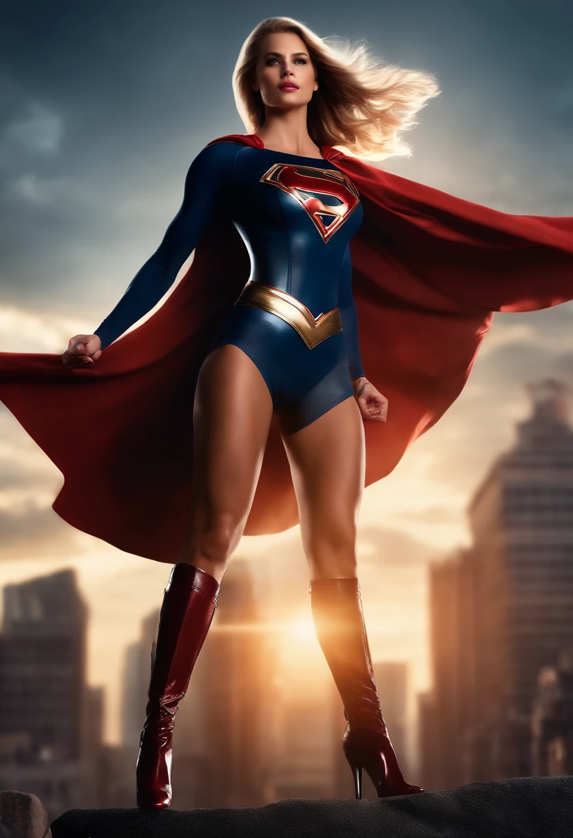 (best quality,4k,8k,highres,masterpiece:1.2),ultra-detailed,(realistic,photorealistic,photo-realistic:1.37),sexy,main:supergirl, detailed:beautiful eyes,beautiful lips,extremely detailed face,longeyelashes,skimpy costume,body-hugging suit,confident expression,provocative pose,flying in the sky,dusk background,vivid colors,studio lighting,sultry atmosphere,lens flare,physically-based rendering,shiny texture,fierce and powerful,heroine,comic book style,superpowers,muscular physique,perfectly proportioned,body curves,thigh-high boots,cape flowing,cityscape in the distance