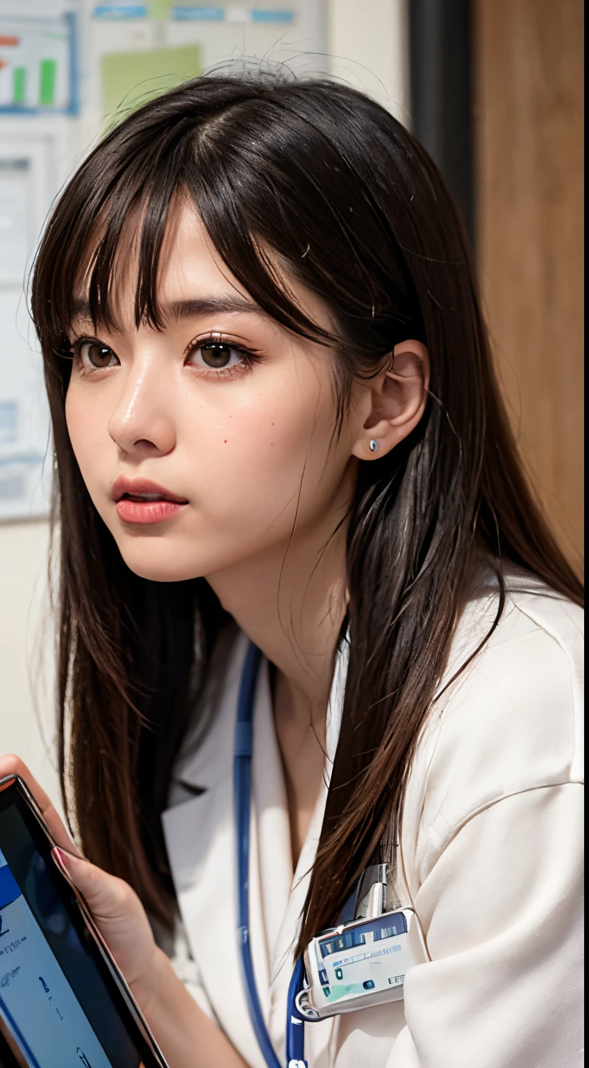((Best Quality, 8K, Masterpiece, ultra detailed:1.3)), (Photorealistic, Focus: 1.2), (Perfect Body Beauty:1.4), (depth of field:1.3), BREAK A female intern, hazel eyes, black long hair, straight hair, about 25 years old, wearing a white coat, attending a clinical test, hospital, recording the instructor s explanation on a tablet with a serious expression, behind her are several male and female interns, listening to the talk in the same way,